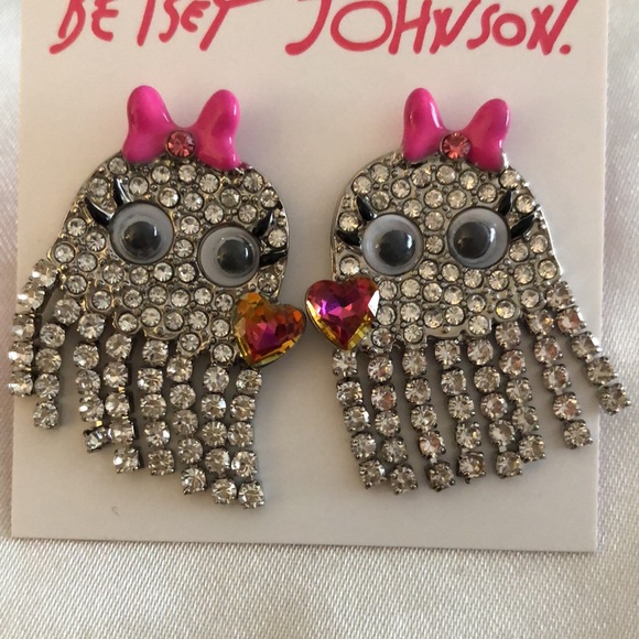 Betsey Johnson Silver Tone Rich Witch Ghost Girl Fringe Drop Earrings NWT - Picture 7 of 12